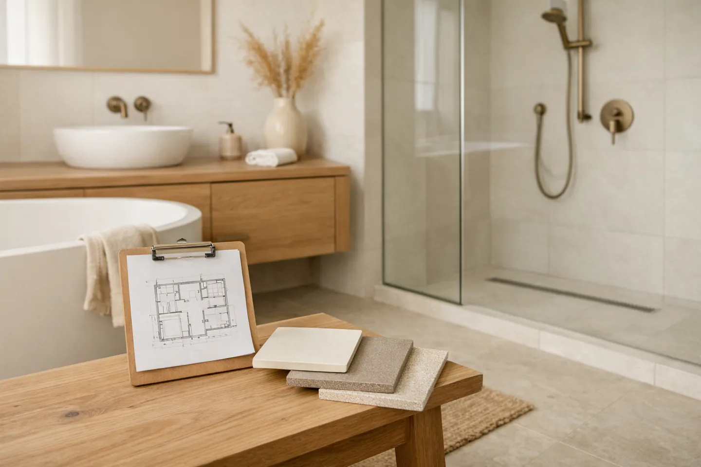 Badezimmer mit Fliesenmustern und Grundriss als Beispielvisualisierung für den Angebotsvergleich