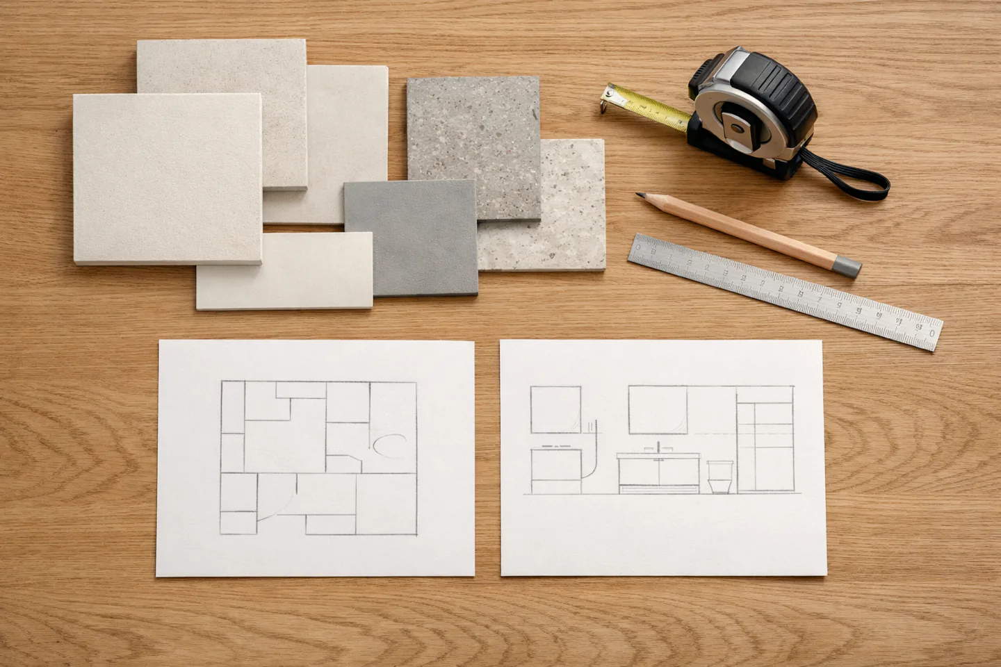 Fliesenmuster, Maßband und schematische Pläne als Beispielvisualisierung für den Leistungsvergleich