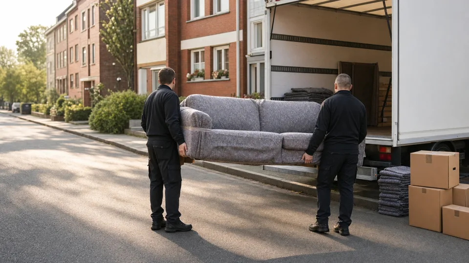 Zwei Umzugshelfer tragen ein Sofa zum Transporter, beispielhafte Darstellung