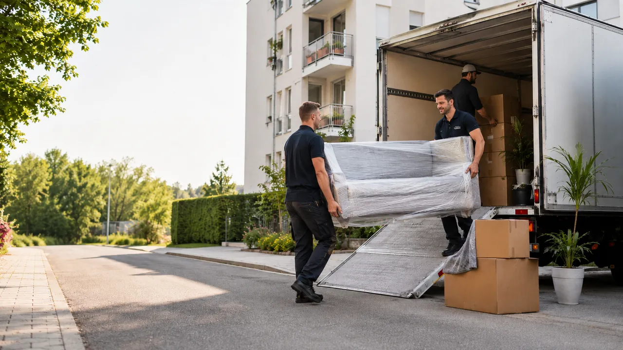 Möbelpacker transportieren ein geschütztes Sofa an einem Umzugswagen.