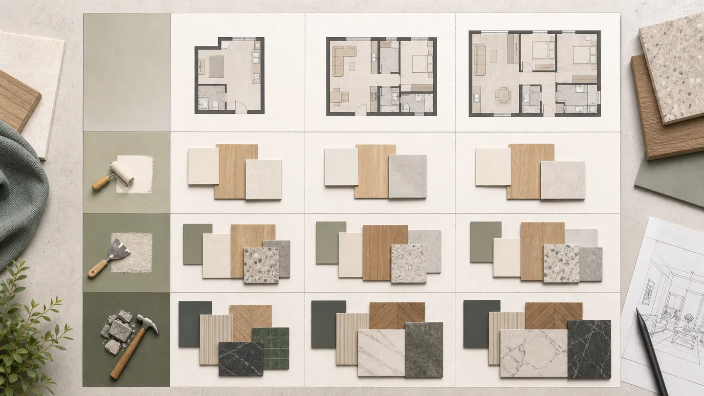 Schematische Matrix mit Wohnungsgrundrissen und Materialmustern